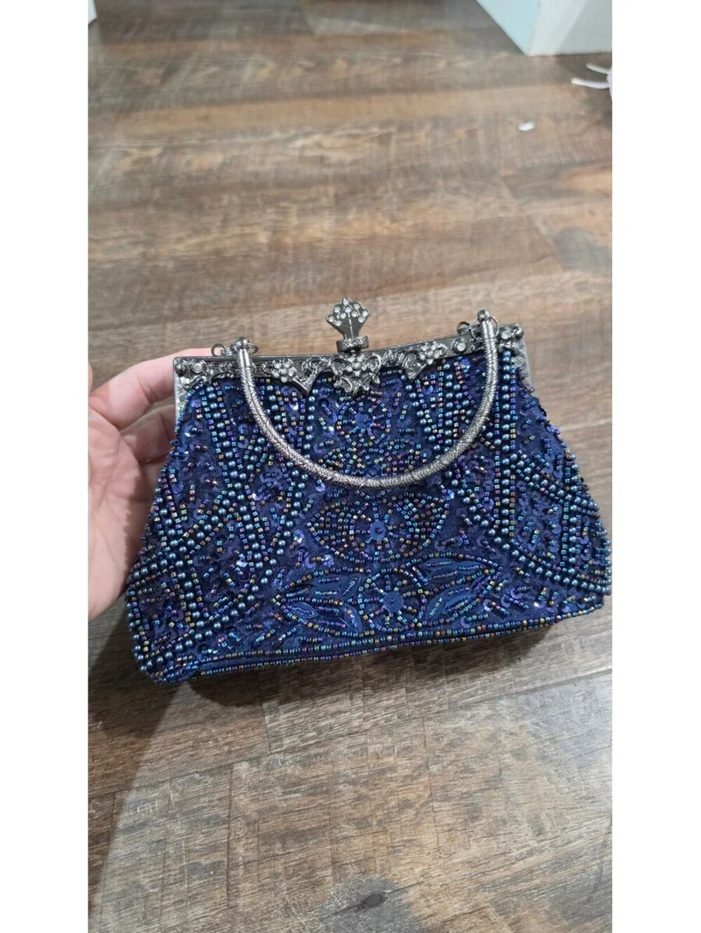 Elegant Blue Beaded Evening Clutch Purse with Silver Handle